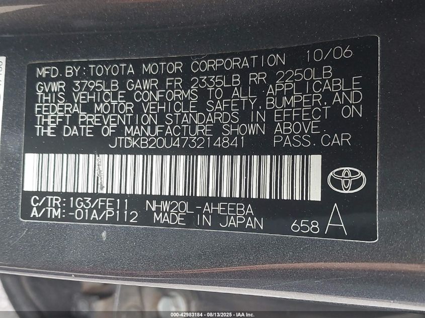 2007 Toyota Prius VIN: JTDKB20U473214841 Lot: 42983184
