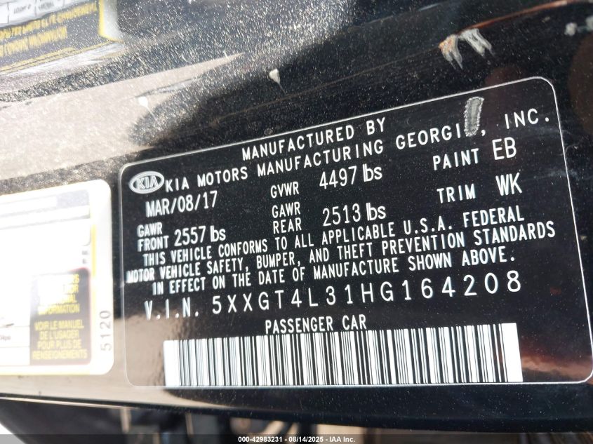 2017 Kia Optima Lx VIN: 5XXGT4L31HG164208 Lot: 42983231