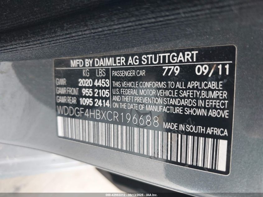 2012 Mercedes-Benz C 250 VIN: WDDGF4HBXCR196608 Lot: 42983312