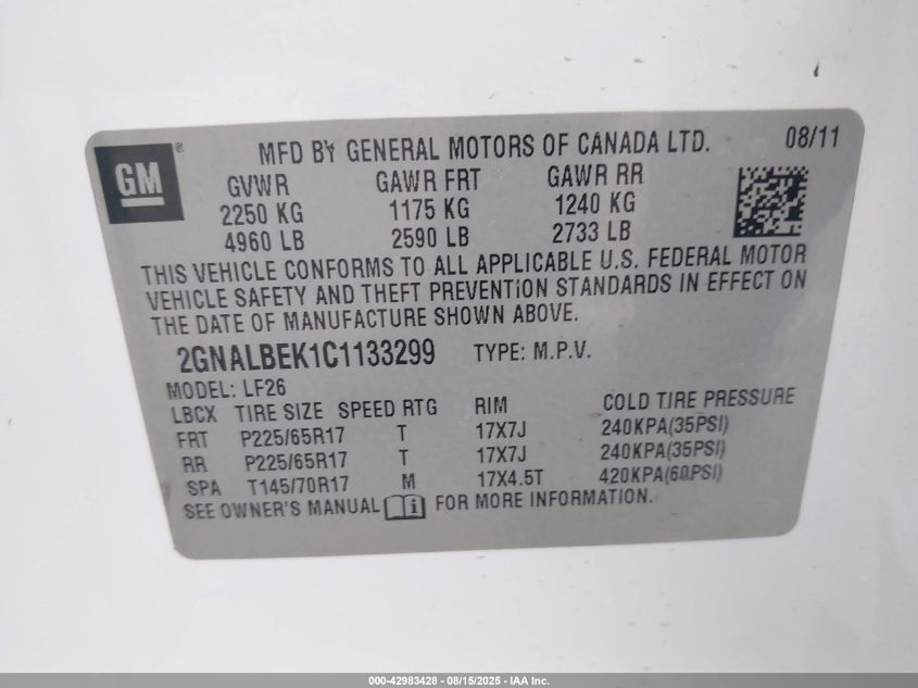 2012 Chevrolet Equinox Ls VIN: 2GNALBEK1C1133299 Lot: 42983428