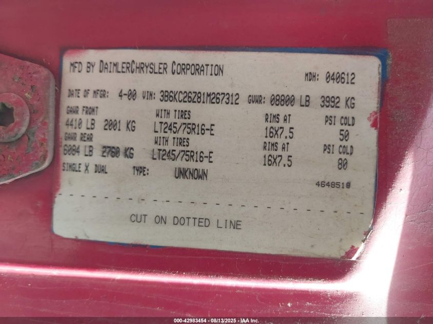 2001 Dodge Ram 2500 St VIN: 3B6KC26Z81M267312 Lot: 42983454