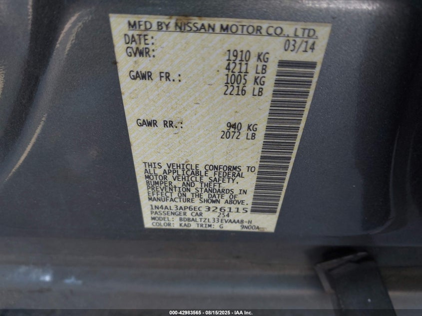 2014 NISSAN ALTIMA 2.5 SV 1N4AL3AP6EC326115