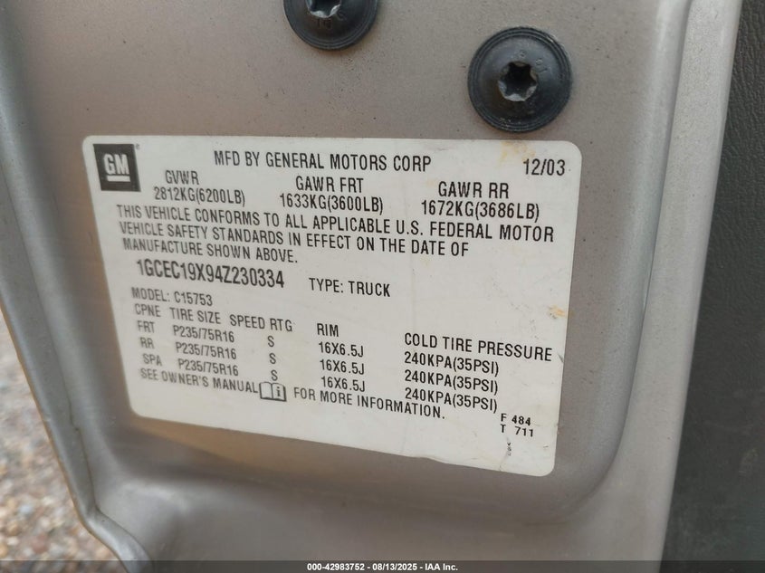 2004 Chevrolet Silverado 1500 Work Truck VIN: 1GCEC19X94Z230334 Lot: 42983752
