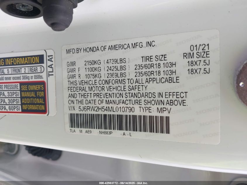 2021 Honda Cr-V Awd Ex VIN: 5J6RW2H54ML010790 Lot: 42983772