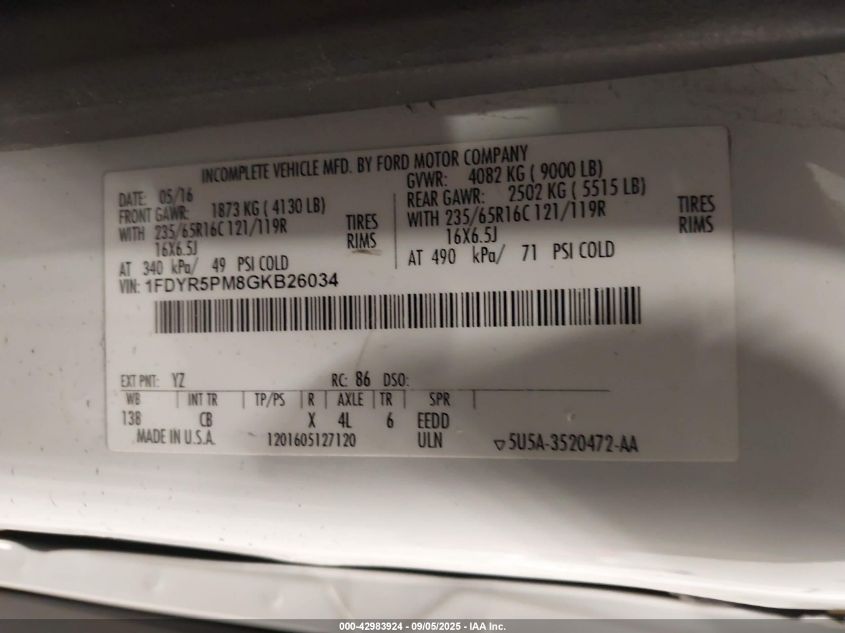 2016 Ford Transit-250 Cutaway VIN: 1FDYR5PM8GKB26034 Lot: 42983924