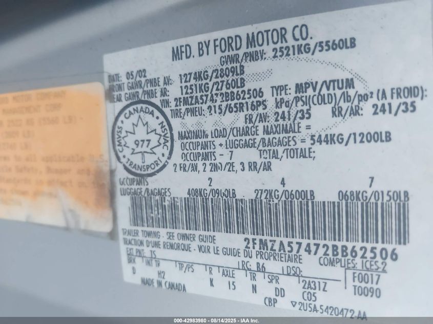 2002 Ford Windstar Sport VIN: 2FMZA57472BB62506 Lot: 42983980