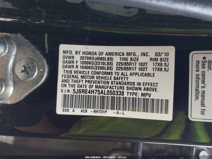 2010 Honda Cr-V Ex-L VIN: 5J6RE4H75AL050338 Lot: 42984081