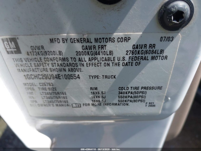 2004 Chevrolet Silverado 2500Hd Work Truck VIN: 1GCHC29U94E100554 Lot: 42984118