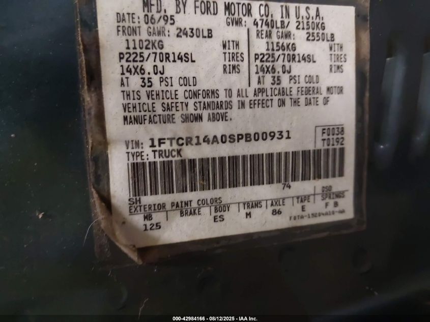 1995 Ford Ranger Super Cab VIN: 1FTCR14A0SPB00931 Lot: 42984166