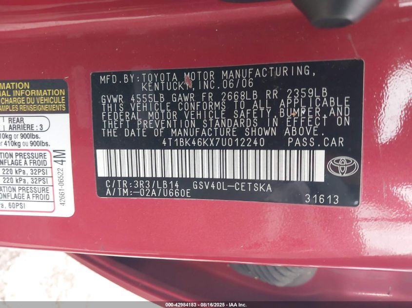 2007 Toyota Camry Se V6 VIN: 4T1BK46KX7U012240 Lot: 42984183