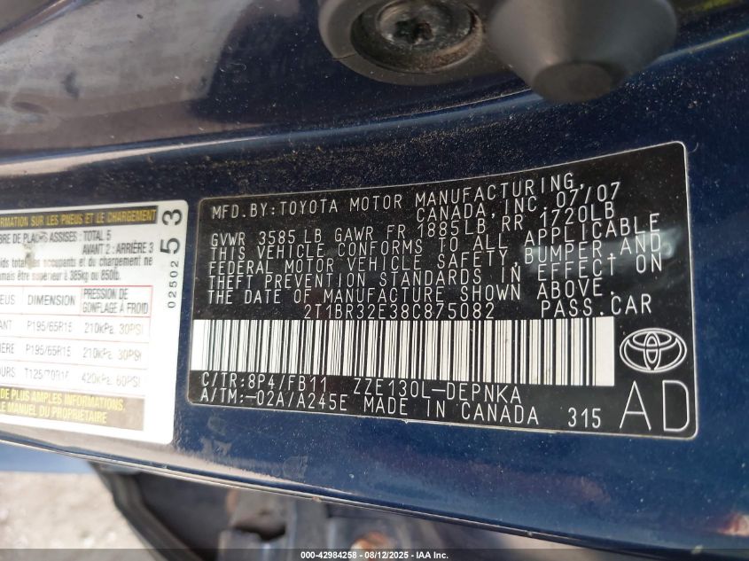 2008 Toyota Corolla Le VIN: 2T1BR32E38C875082 Lot: 42984258