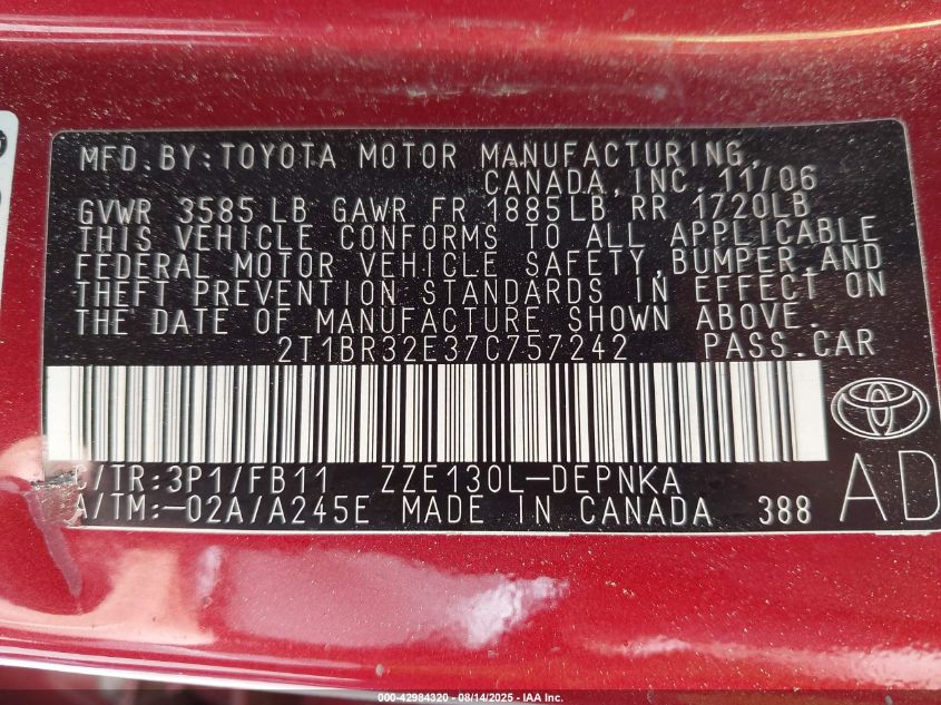 2007 Toyota Corolla Le VIN: 2T1BR32E37C757242 Lot: 42984320