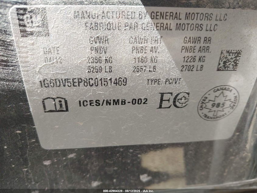 2012 Cadillac Cts-V VIN: 1G6DV5EP8C0151469 Lot: 42984328