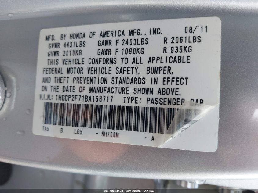 2011 Honda Accord 2.4 Ex VIN: 1HGCP2F71BA156717 Lot: 42984428