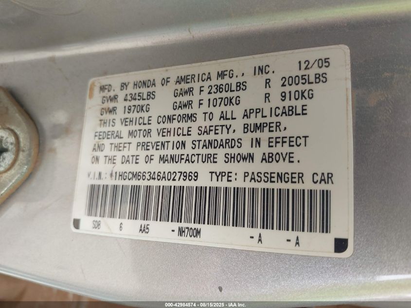 2006 Honda Accord 3.0 Lx VIN: 1HGCM66346A027969 Lot: 42984574