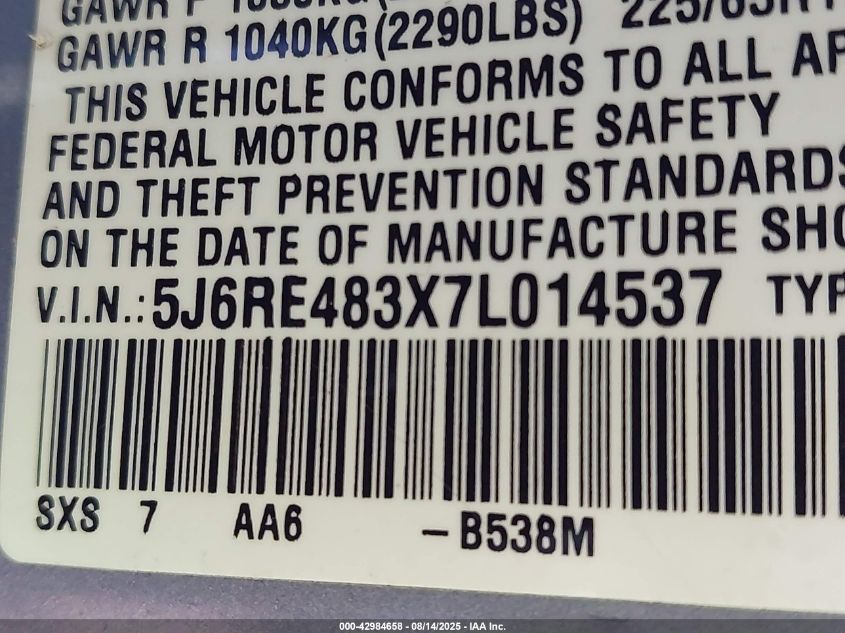 2007 Honda Cr-V Lx VIN: 5J6RE483X7L014537 Lot: 42984658
