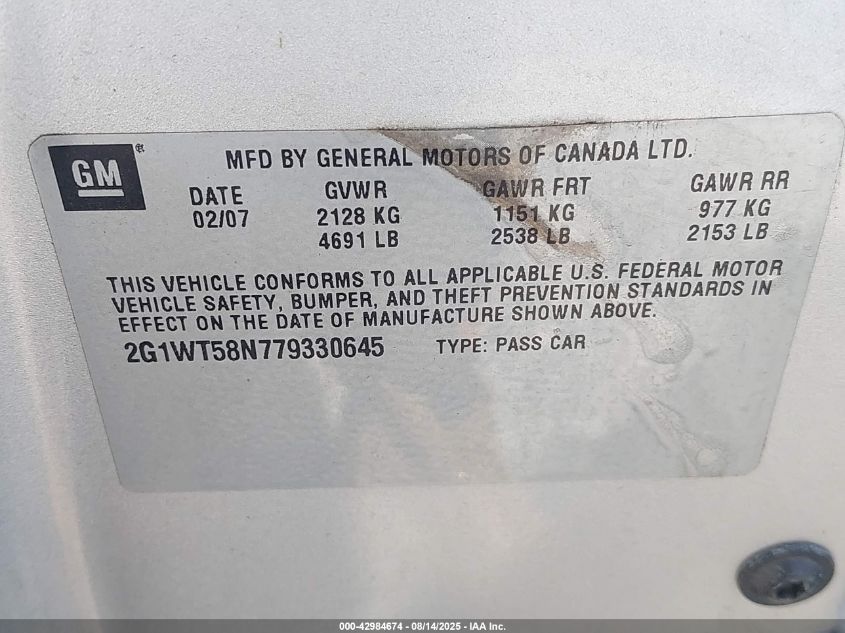 2007 Chevrolet Impala Lt VIN: 2G1WT58N779330645 Lot: 42984674