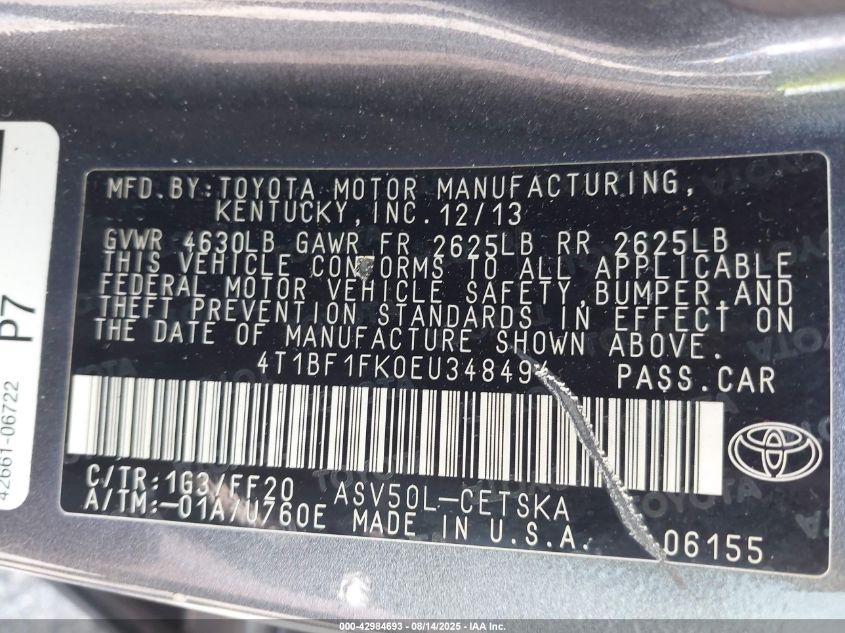 2014 Toyota Camry Se VIN: 4T1BF1FK0EU348494 Lot: 42984693