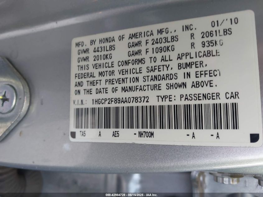 2010 Honda Accord 2.4 Ex-L VIN: 1HGCP2F89AA078372 Lot: 42984728