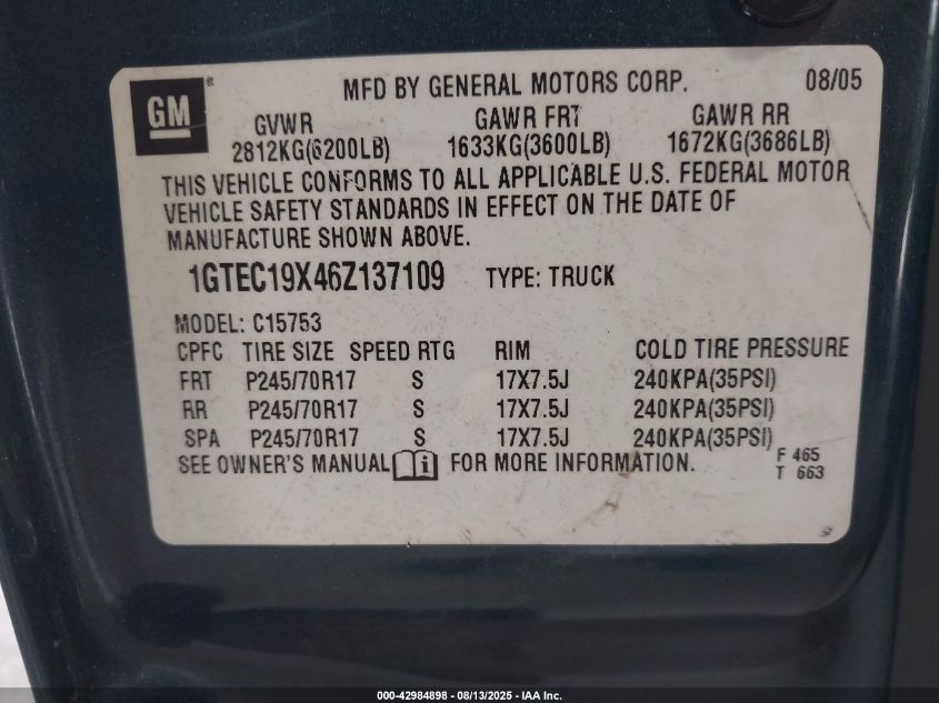 2006 GMC Sierra 1500 Work Truck VIN: 1GTEC19X46Z137109 Lot: 42984898