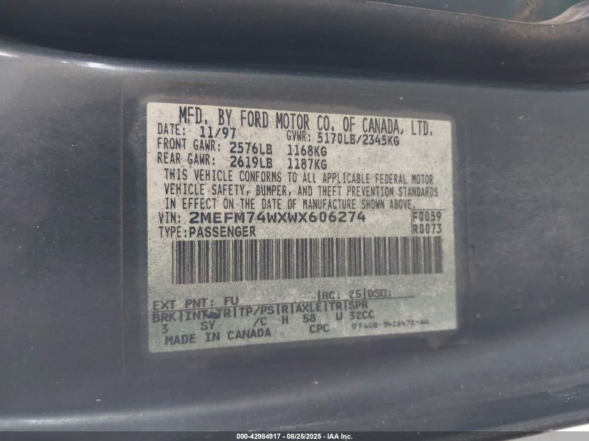 1998 Mercury Grand Marquis VIN: 2MEFM74WXWX606274 Lot: 42984917
