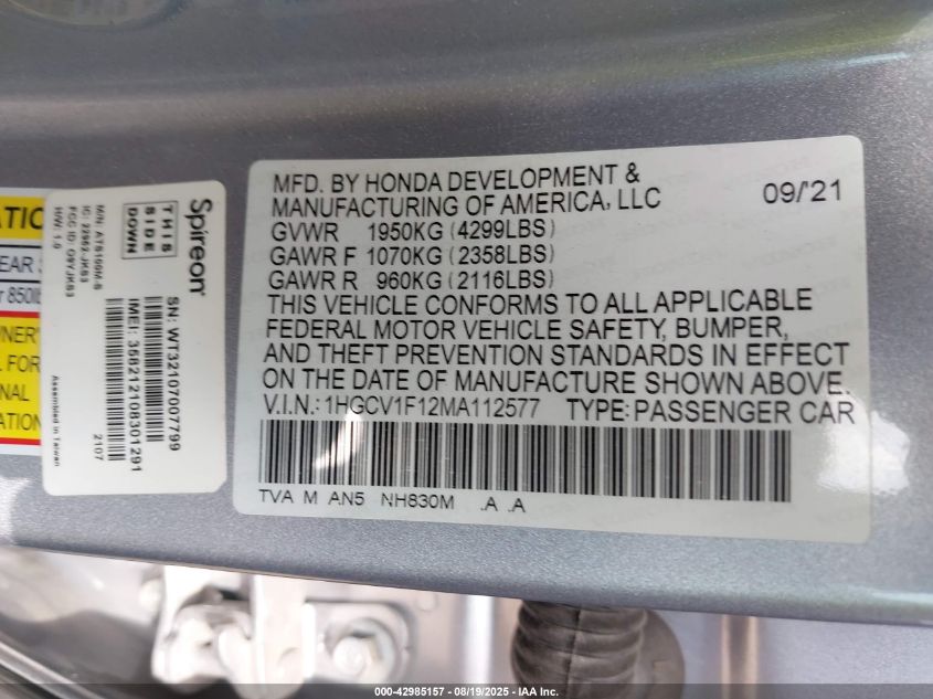 2021 Honda Accord Lx VIN: 1HGCV1F12MA112577 Lot: 42985157