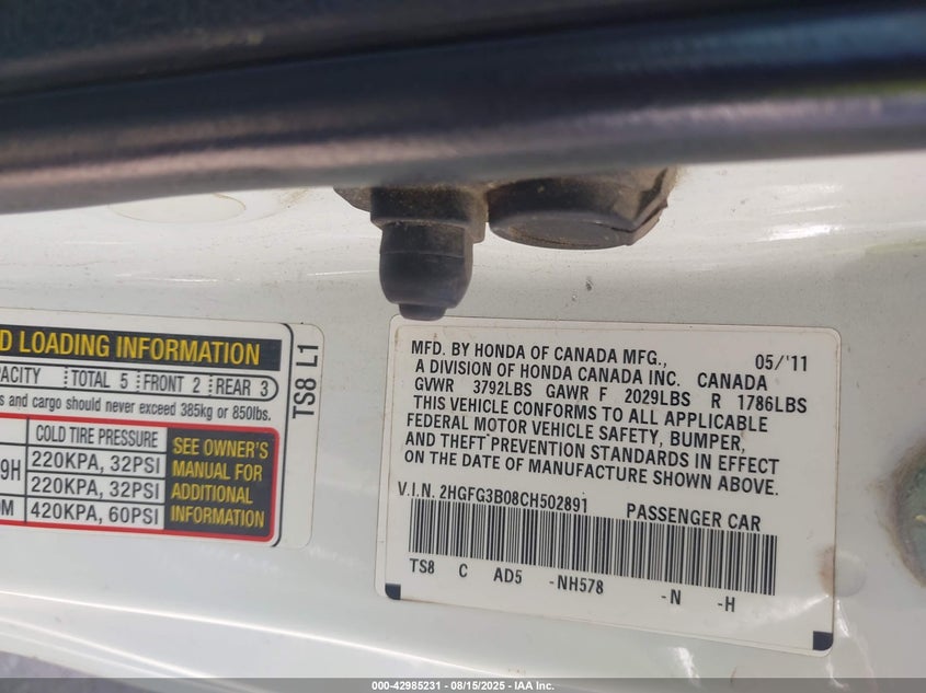 2012 Honda Civic Ex-L VIN: 2HGFG3B08CH502891 Lot: 42985231