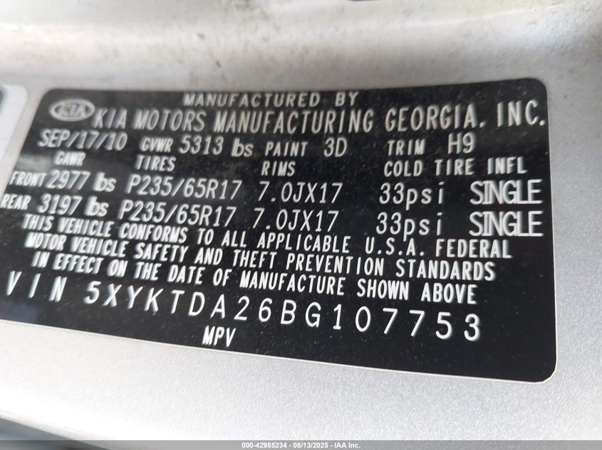 2011 Kia Sorento Lx V6 VIN: 5XYKTDA26BG107753 Lot: 42985234