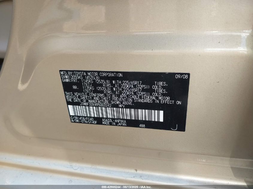 2009 Toyota Rav4 VIN: JTMBF33V495003242 Lot: 42985244