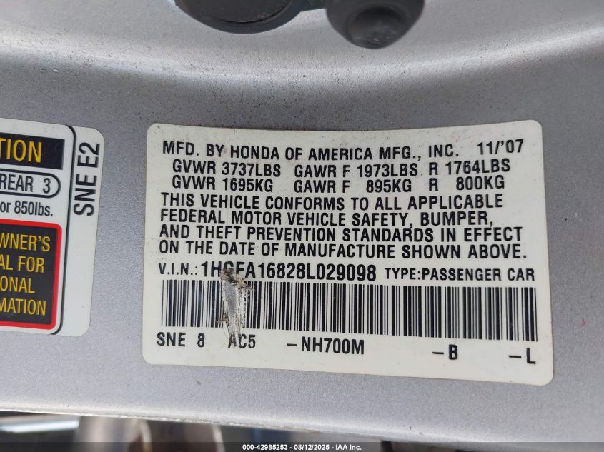 2008 Honda Civic Ex VIN: 1HGFA16828L029098 Lot: 42985253