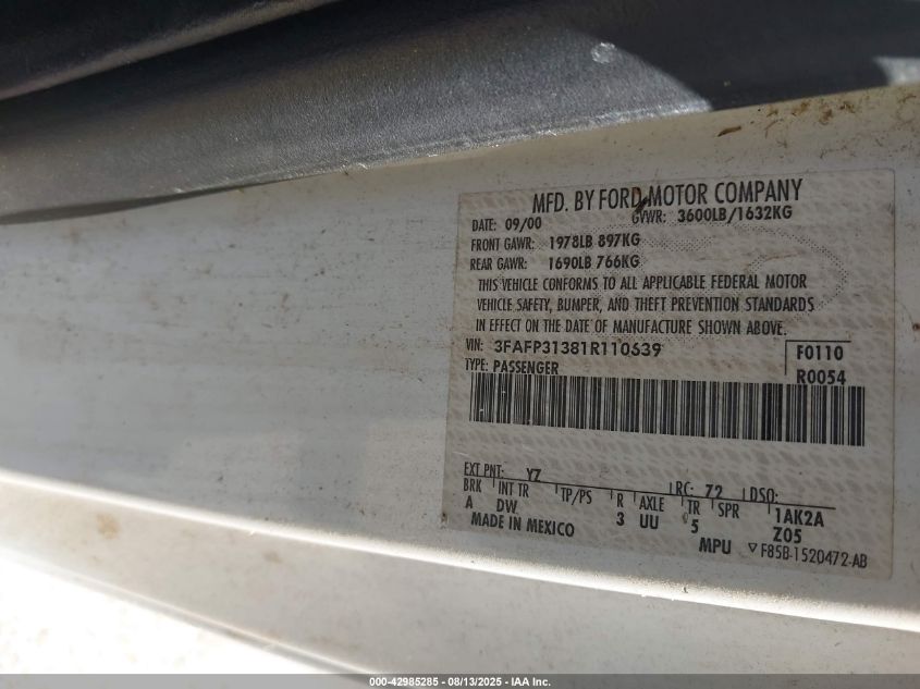 2001 Ford Focus Zx3 VIN: 3FAFP31381R110639 Lot: 42985285