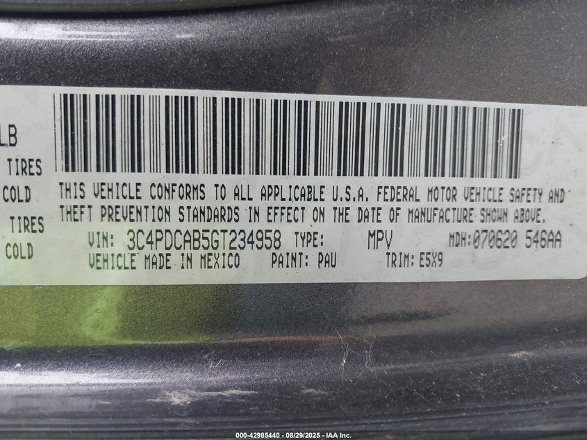 2016 Dodge Journey Se VIN: 3C4PDCAB5GT234958 Lot: 42985440