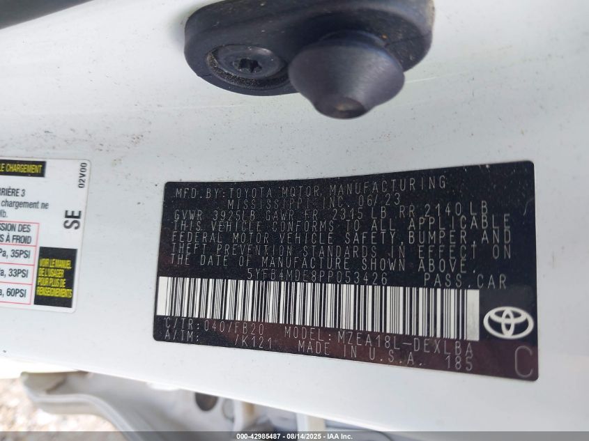 2023 Toyota Corolla Le VIN: 5YFB4MDE8PP053426 Lot: 42985487