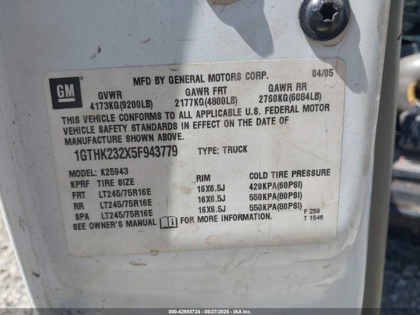 2005 GMC Sierra 2500Hd Slt VIN: 1GTHK232X5F943779 Lot: 42985724