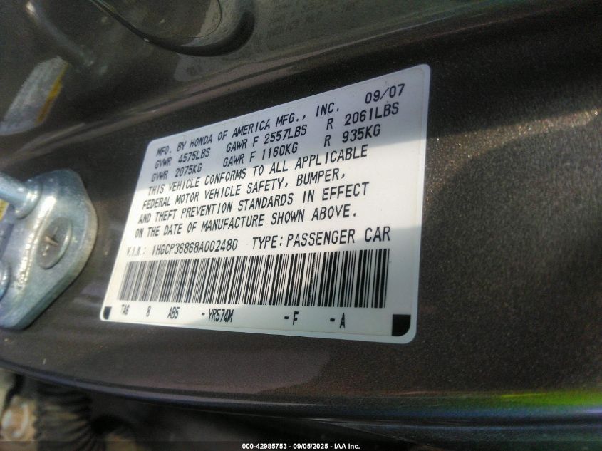 2008 Honda Accord 3.5 Ex-L VIN: 1HGCP36868A002480 Lot: 42985753