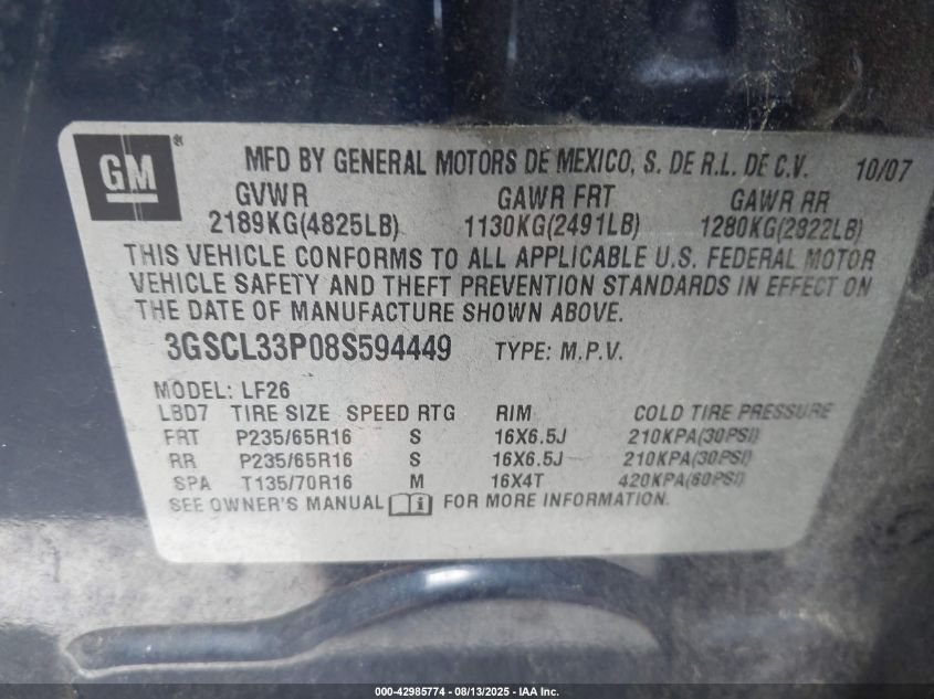 2008 Saturn Vue 4-Cyl Xe VIN: 3GSCL33P08S594449 Lot: 42985774