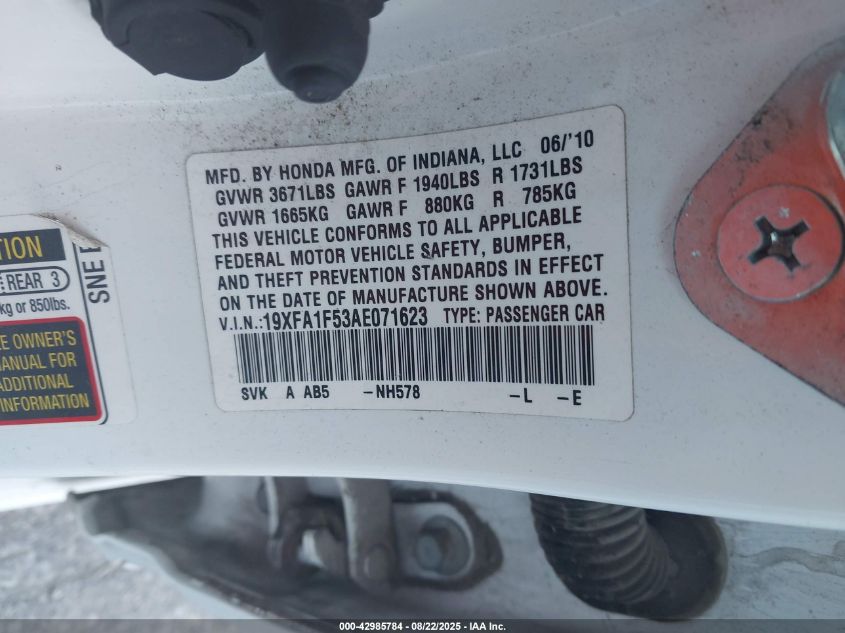 2010 Honda Civic Lx VIN: 19XFA1F53AE071623 Lot: 42985784