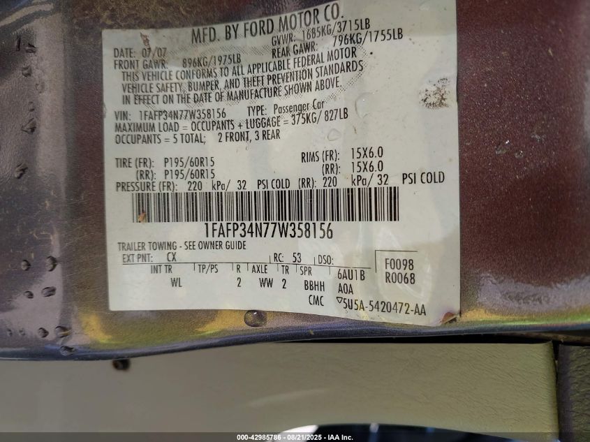 2007 Ford Focus S/Se/Ses VIN: 1FAFP34N77W358156 Lot: 42985786