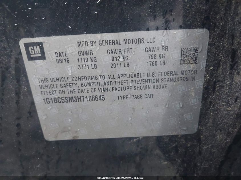 2017 Chevrolet Cruze Ls Auto VIN: 1G1BC5SM3H7106645 Lot: 42985795