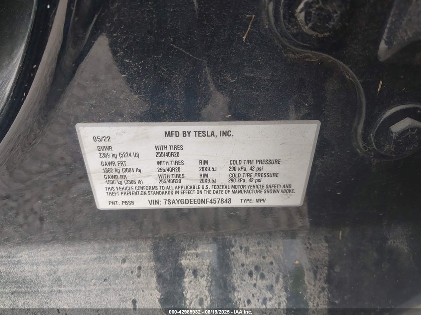2022 TESLA MODEL Y U   U(VIN: 7SAYGDEE0NF457848