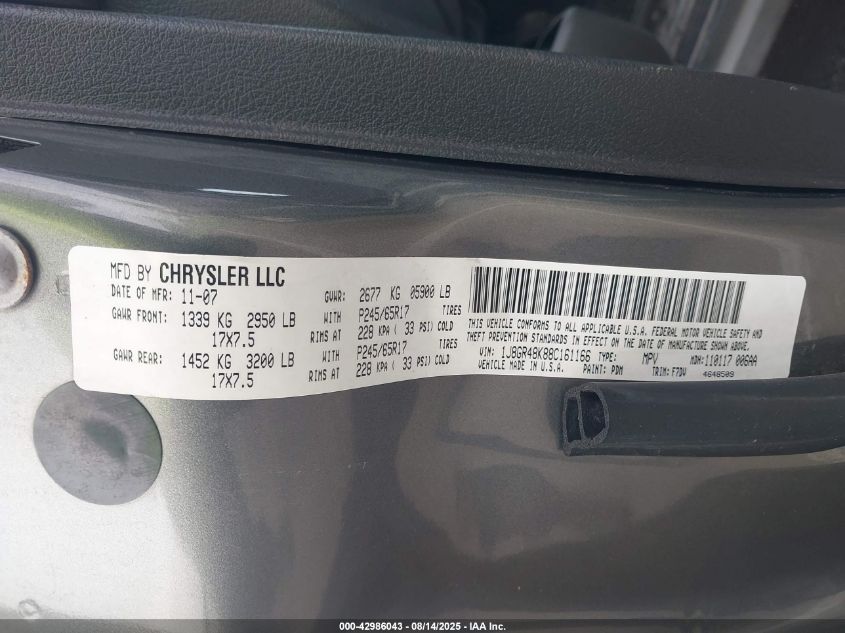 2008 Jeep Grand Cherokee Laredo VIN: 1J8GR48K88C161166 Lot: 42986043