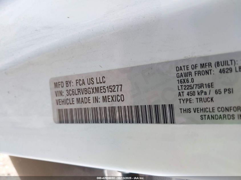 2021 Ram Promaster 1500 High Roof 136 Wb VIN: 3C6LRVBGXME515277 Lot: 42986050