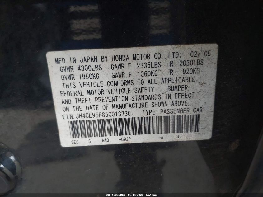 2005 Acura Tsx VIN: JH4CL95885C013736 Lot: 42986063