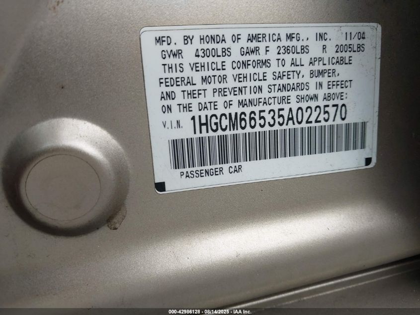 2005 Honda Accord 3.0 Ex VIN: 1HGCM66535A022570 Lot: 42986128