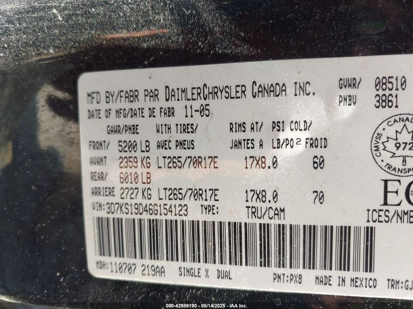 2006 Dodge Ram 1500 Laramie VIN: 3D7KS19D46G154123 Lot: 42986190