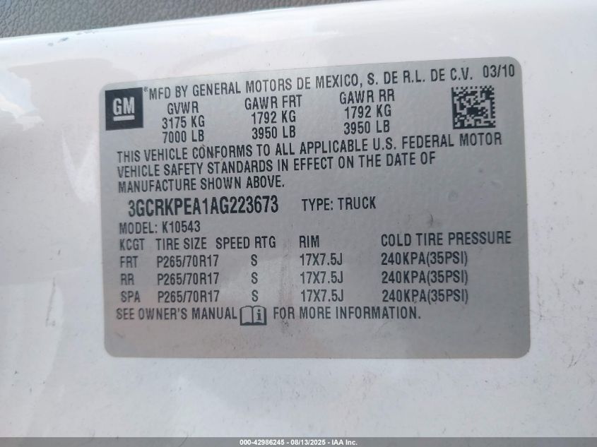 2010 Chevrolet Silverado 1500 Work Truck VIN: 3GCRKPEA1AG223673 Lot: 42986245