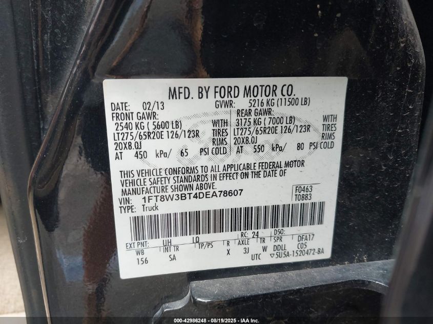 2013 Ford F-350 Lariat VIN: 1FT8W3BT4DEA78607 Lot: 42986248