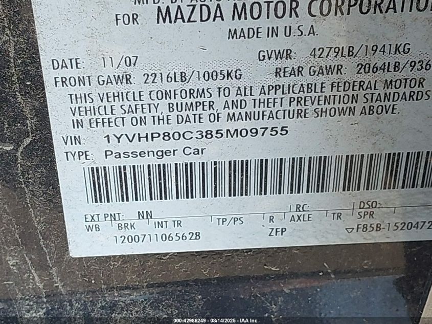 2008 Mazda Mazda6 I Sport Ve VIN: 1YVHP80C385M09755 Lot: 42986249