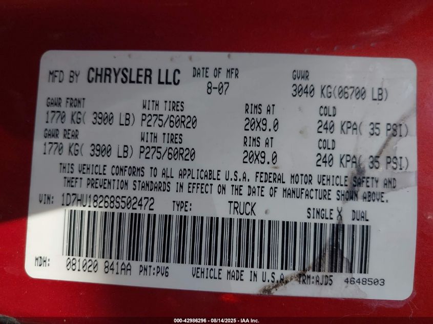 2008 Dodge Ram 1500 Slt VIN: 1D7HU18268S502472 Lot: 42986296