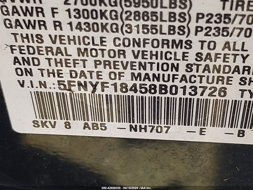 2008 Honda Pilot Ex VIN: 5FNYF18458B013726 Lot: 42986359